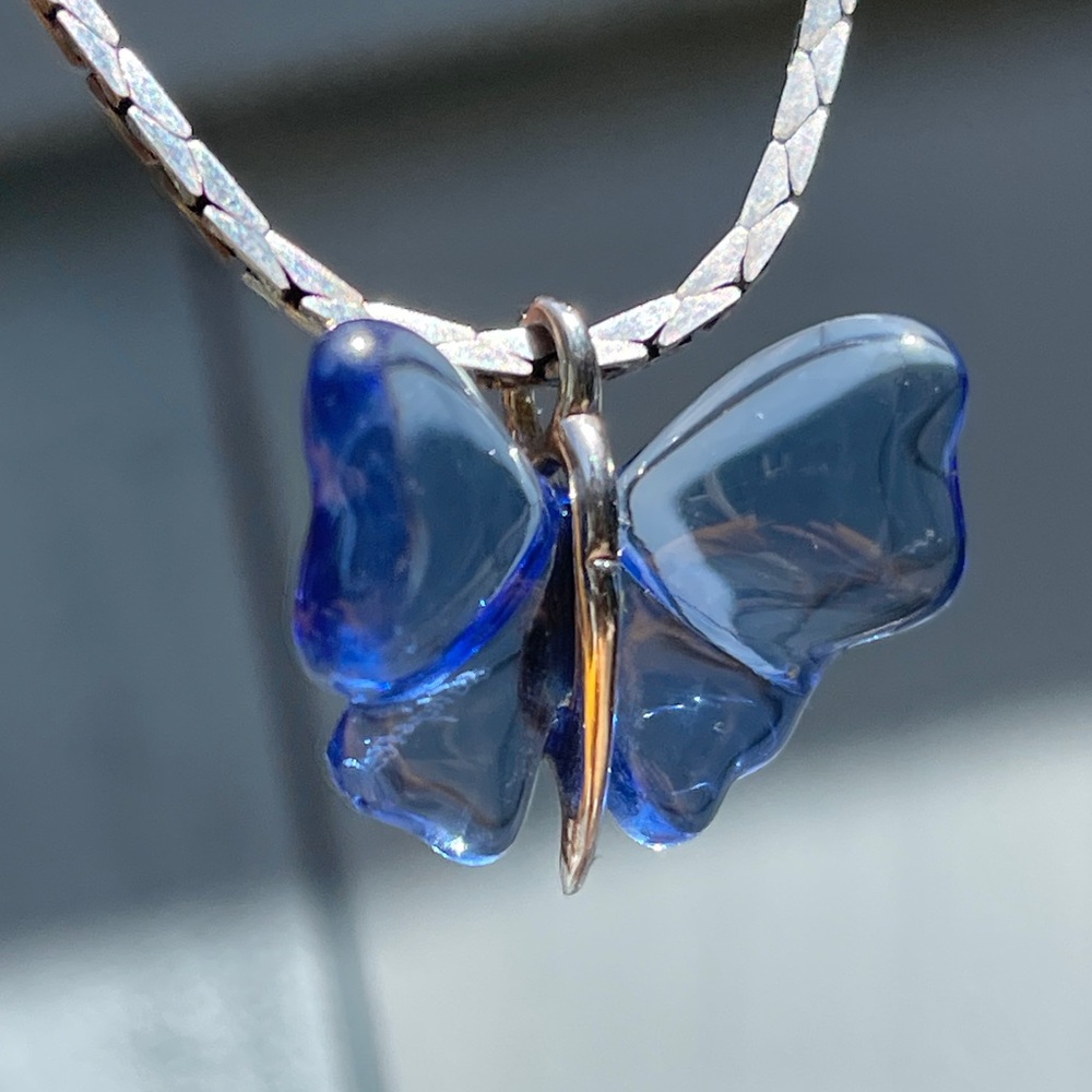 LALIQUE Papillons Butterfly Crystal Necklace blue pendant Sterling silver used